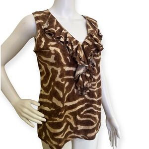 LRL Ralph Lauren Brown Animal Print Ruffled V-Neck Sleeveless Top